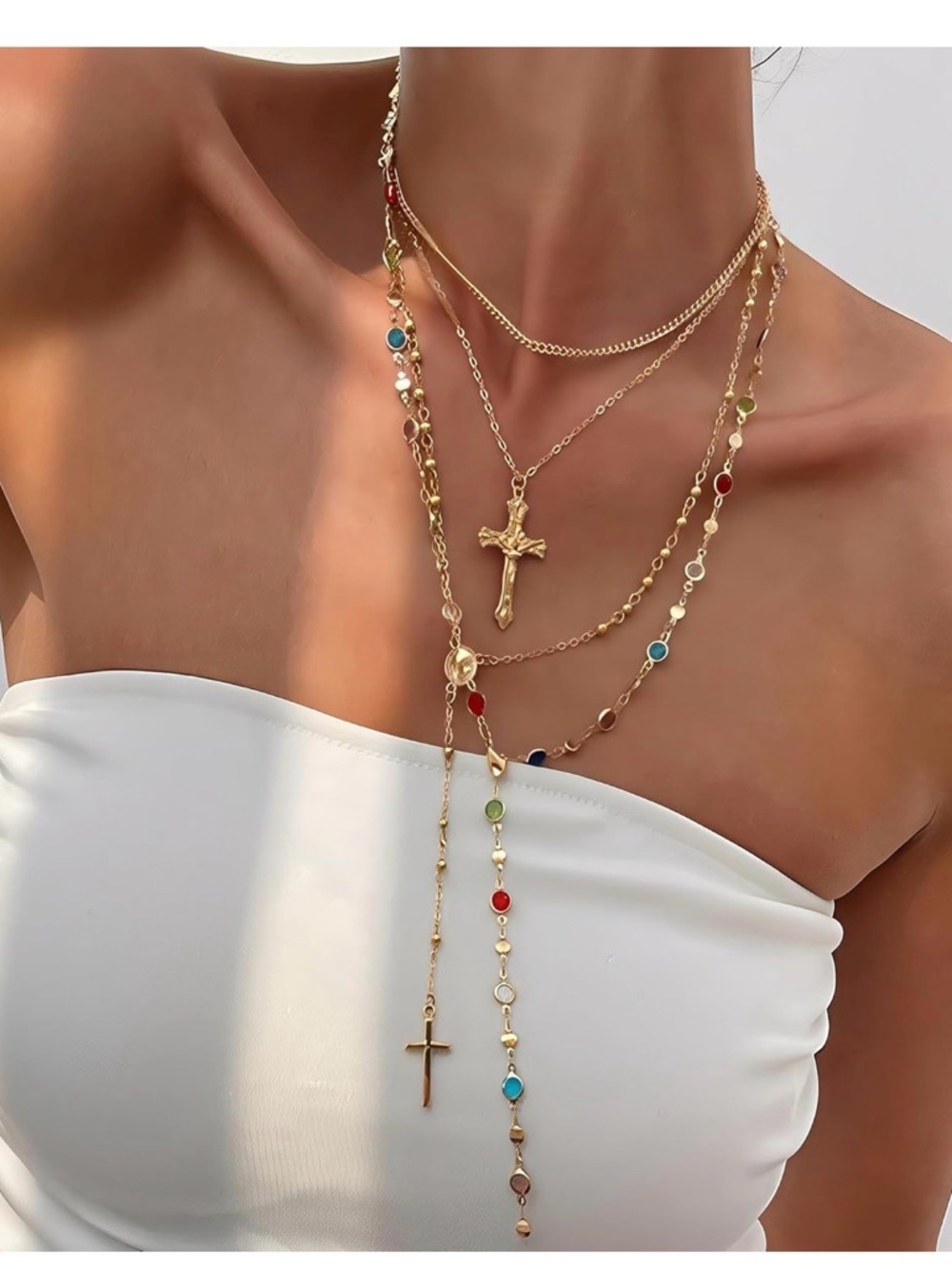 Gold Multi-Color Jewel and Cross Layered Necklace - Women Jewelry